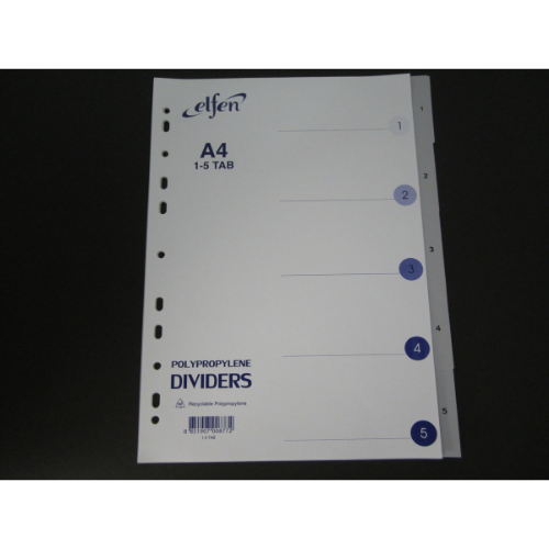 Dividers - Elfen PP Dividers / Separators Numbered 1-5 Grey