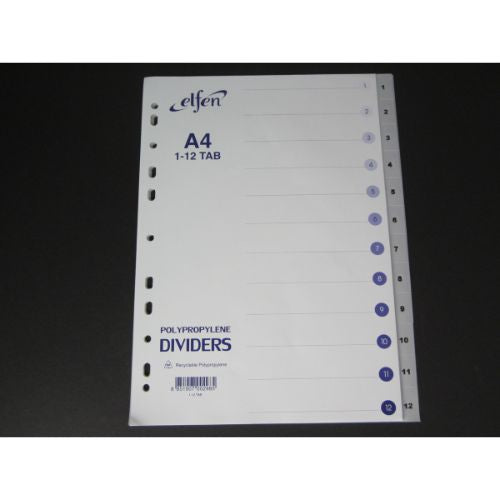 Dividers - Elfen PP Dividers / Separators Numbered 1-12 Grey