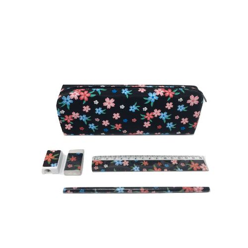 Pencil Case with Pencil, Ruler, Sharpener and Rubber - Aquamarine with Flowers
